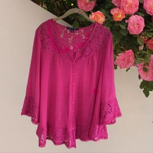 Bright Pink Bohemian Crinkle & Lace Top Bell Sleeve by ZAC & RACHEL Like New!